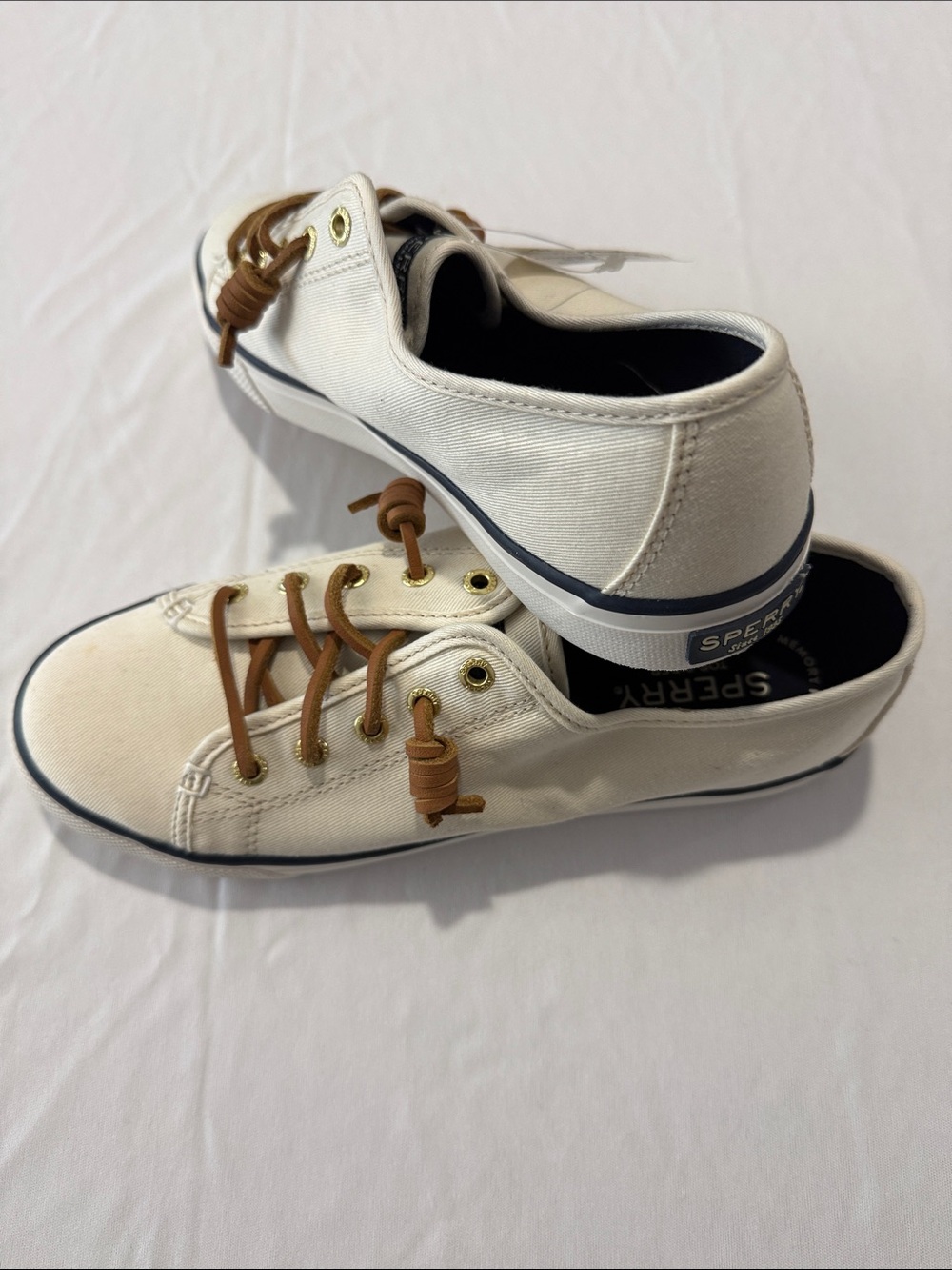 NEW Sperry Cream Canvas Low-Top Sneakers with Brown Laces